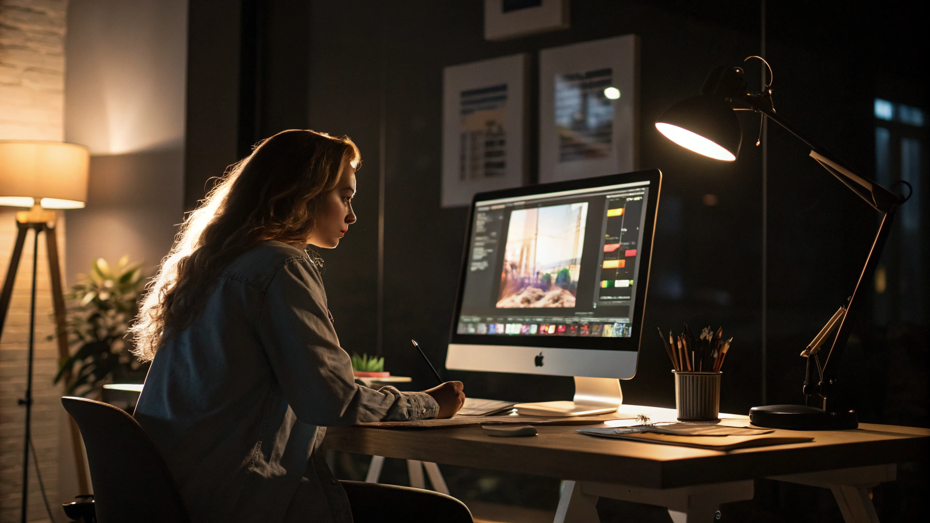Designer workspace with layout wireframes and brand colour swatches
